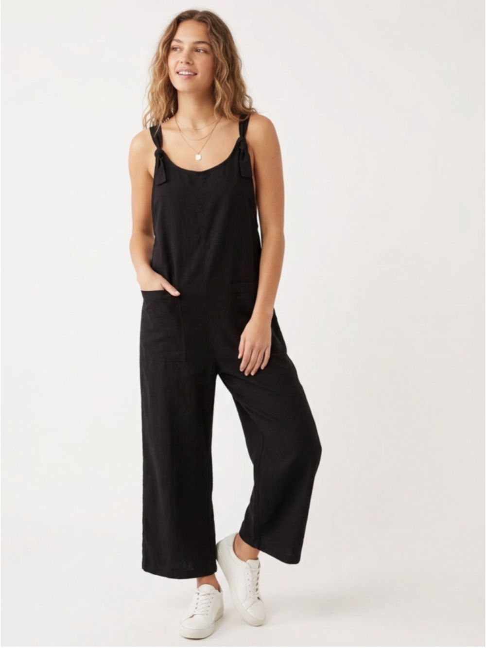 MONTEAU Los Angeles Black Linen Blend Tie Shoulder Wide Leg Jumpsuit Overalls Sm